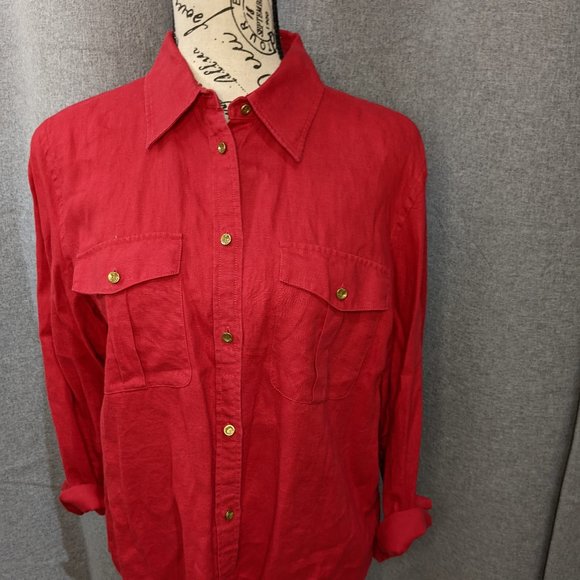 Lauren Ralph Lauren Red Linen Button Front Top Medium - Picture 1 of 4